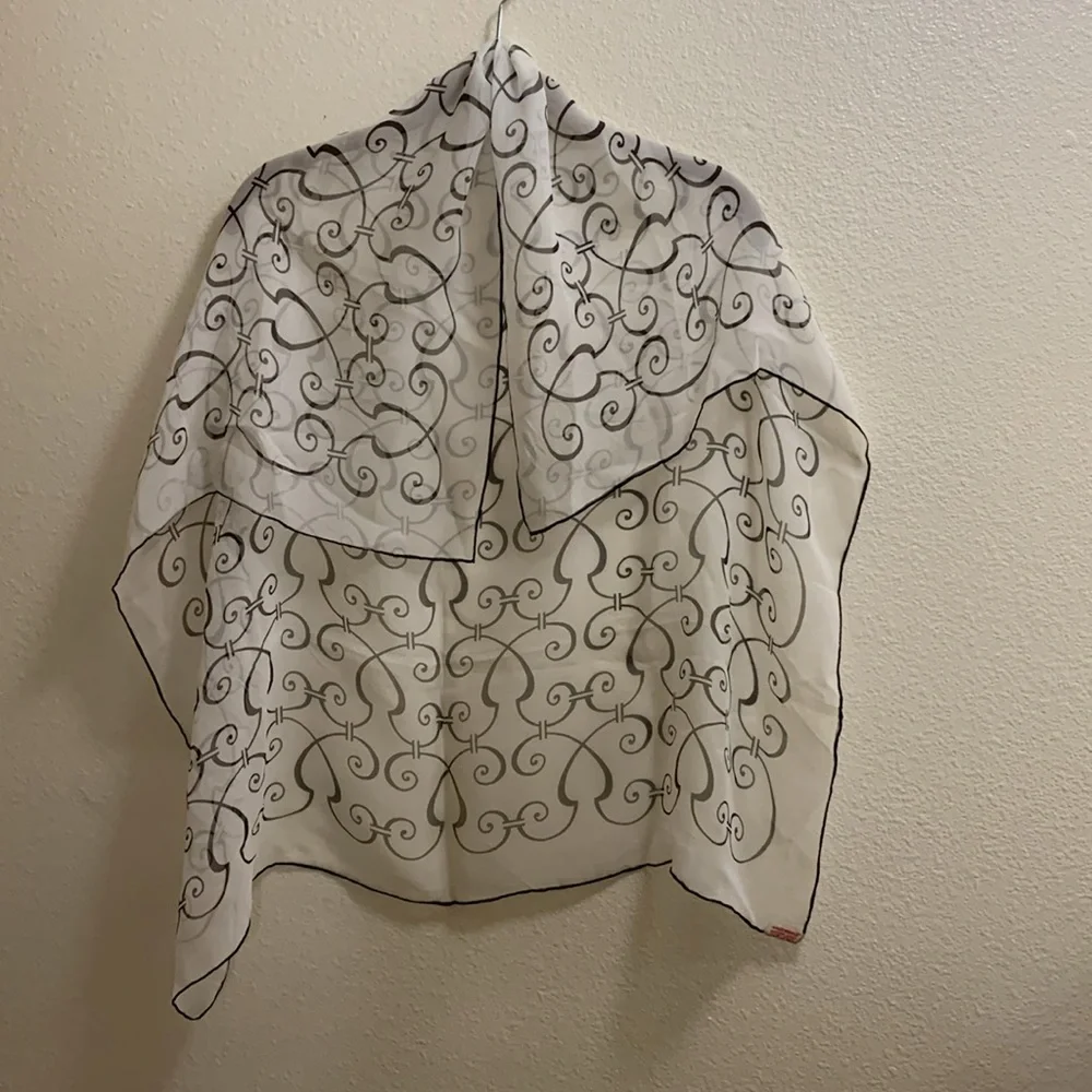 Vintage Sally Gee Silk Handrolled White and Black Swirls Scarf Sheer Summer